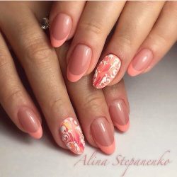 Peach nails with a picture photo